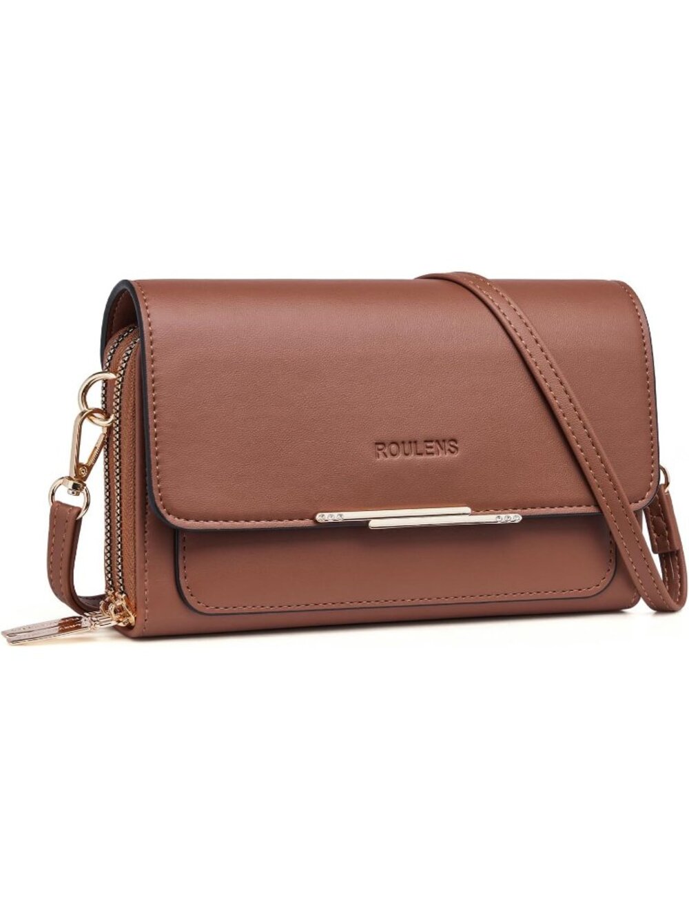 Women's Cognac Brown Leather Crossbody Bag Cell Phone Wallet Shoulder Purse
